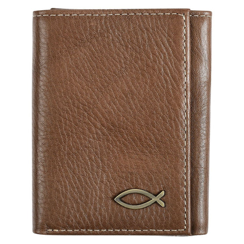 Christian Art Gifts Genuine Premium 100% Full Grain Leather RFID Blocking Trifold Wallet with Jesus Fish Emblem for Men: Faith-based Inspirational Accessory for Credit Cards, Bills, ID, Photos, Brown EasyOptionXY LLC