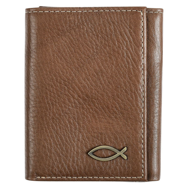 Christian Art Gifts Genuine Premium 100% Full Grain Leather RFID Blocking Trifold Wallet with Jesus Fish Emblem for Men: Faith-based Inspirational Accessory for Credit Cards, Bills, ID, Photos, Brown EasyOptionXY LLC