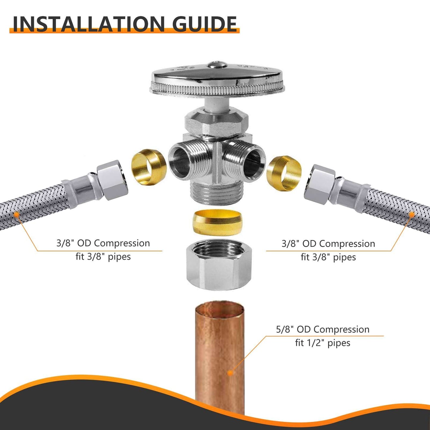 10 Pcs 5/8" OD Compr. x 3/8" OD Compr. x 3/8" OD Compr. Dual Angle Stop Valve, Multi Turn(Lead Free)