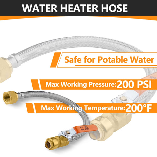 3/4" Push fit x 3/4" FIP, 24" Flexible Water Heater Connector Hose, with Ball Valve