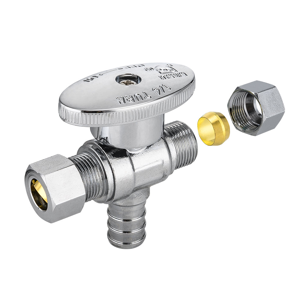 10 Pcs 1/2" PEX Crimp x 3/8" OD Compr. x 3/8" OD Compr. Dual Outlet Angle Stop Valve, 1/4 Turn (Lead Free)