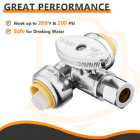 10 Pcs 1/2" Push Connect x 1/2" Push Connect x 3/8" OD Compr. Tee Stop Valve, 1/4 Turn (Lead Free) Plumbingsell