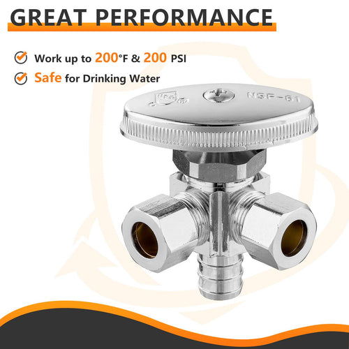 1/2" PEX Crimp x 3/8" ODx 3/8" OD Compr. Dual Angle Stop Valve, Multi Turn (Lead Free) Plumbingsell