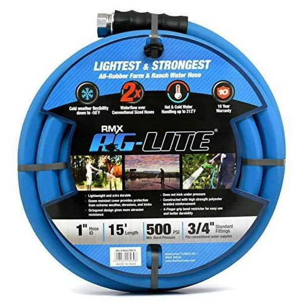 AG-LITE BSALONE15 1" x 15' Hot/Cold Water Rubber Garden Hose, 100% Rubber, Ultra-Light, Super Strong, 500 PSI, -50F to 190F Degrees, High Strength Polyester Braided, 2x Water Flow EasyOptionXY LLC