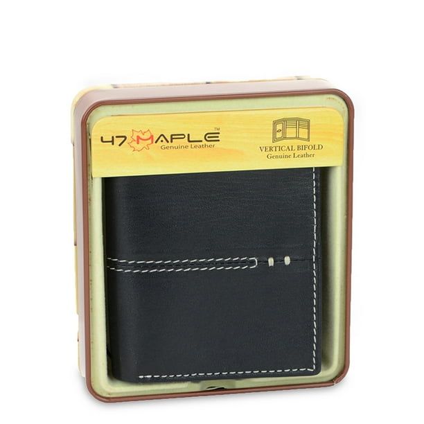 47 Maple Men's Center Stitch Design Genine Black Leather RFID Verticle Bifold Wallet in Tin Box EasyOptionXY LLC