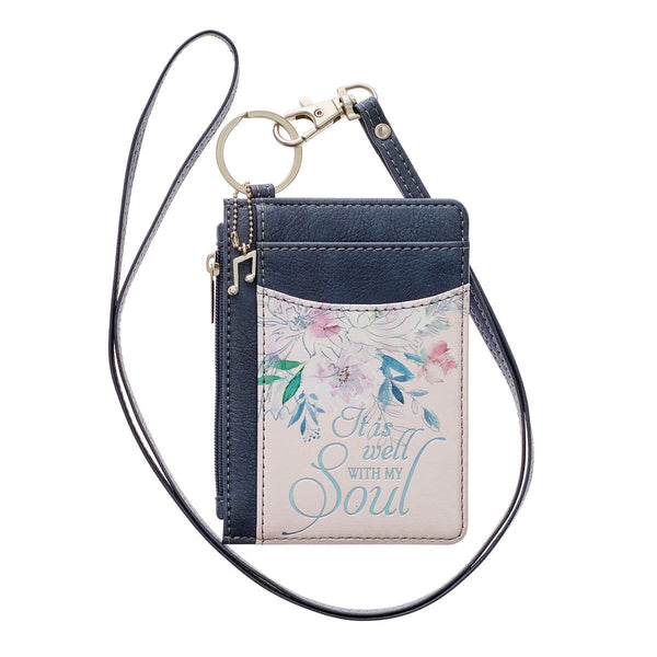 ID Card Holder It is Well With My Soul Gray/Pink Floral Faux Leather Zip ID Case, Keychain Slim Front Pocket Wallet for Women w/Detachable Lanyard Neck Strap EasyOptionXY LLC