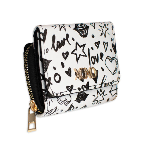 XOXO Women's Mini Black Graffeti Saffiano Leather Zip Indexer Wallet withCrossbody Strap EasyOptionXY LLC