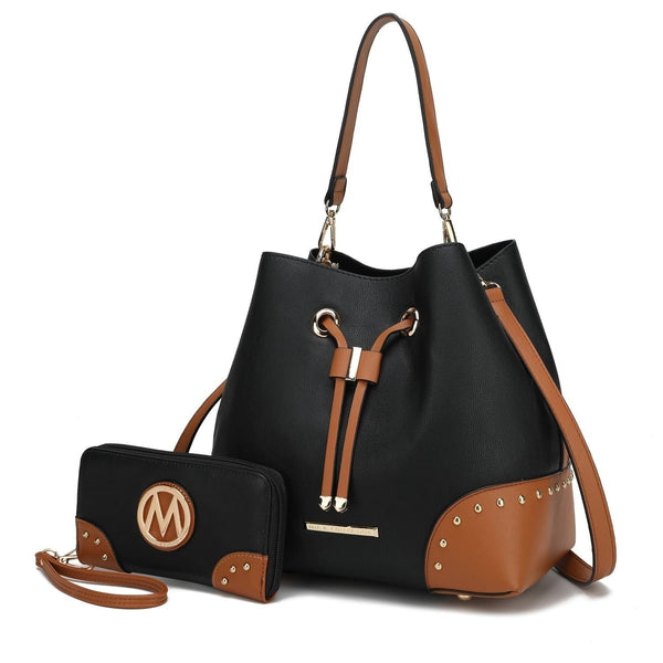 MKF Collection Candice Color Block Bucket Handbag with matching Wallet by Mia K (Color Black/Cognac) EasyOptionXY LLC