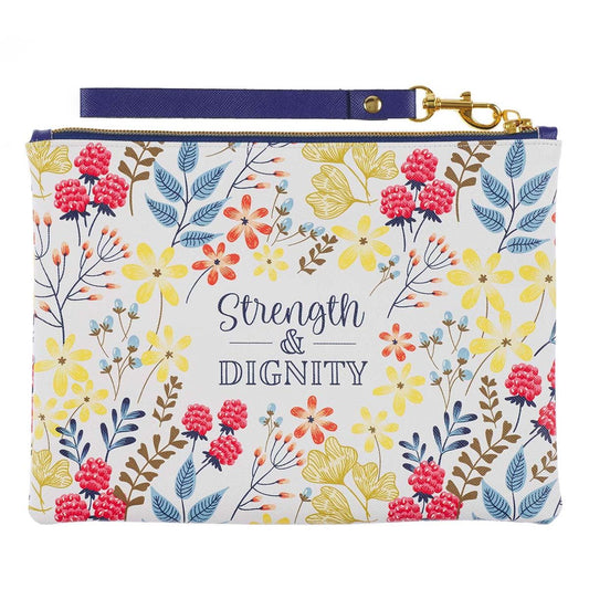 Womens Wristlet Clutch Zippered Pouch w/Wrist Strap Strength & Dignity Faux Leather, Floral/White, Slim Case Accessory for Cosmetics, Travel, Organization, 7.1" x 9.4", With Love