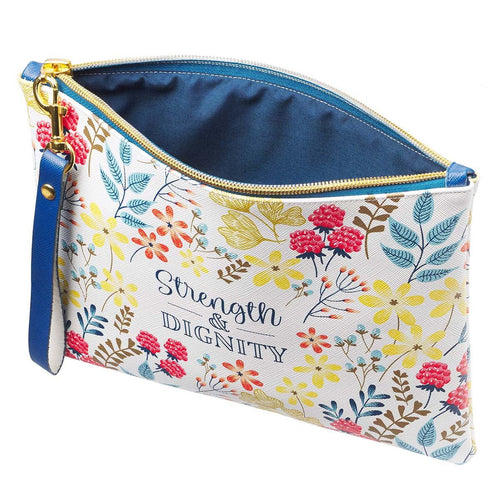 Womens Wristlet Clutch Zippered Pouch w/Wrist Strap Strength & Dignity Faux Leather, Floral/White, Slim Case Accessory for Cosmetics, Travel, Organization, 7.1" x 9.4", With Love EasyOptionXY LLC