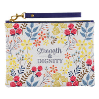 Womens Wristlet Clutch Zippered Pouch w/Wrist Strap Strength & Dignity Faux Leather, Floral/White, Slim Case Accessory for Cosmetics, Travel, Organization, 7.1" x 9.4", With Love EasyOptionXY LLC
