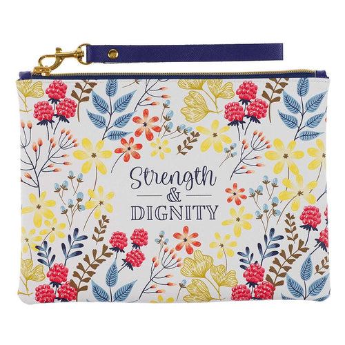 Womens Wristlet Clutch Zippered Pouch w/Wrist Strap Strength & Dignity Faux Leather, Floral/White, Slim Case Accessory for Cosmetics, Travel, Organization, 7.1" x 9.4", With Love EasyOptionXY LLC
