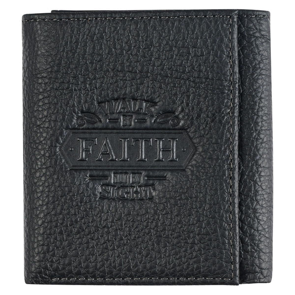 Christian Art Gifts Genuine Full Grain Leather RFID Blocking Scripture Wallet for Men: Walk by Faith - 2 Corinthians 5:7 Inspirational Bible Verse Accessory for Credit Cards, Bills, ID, Photos, Black EasyOptionXY LLC