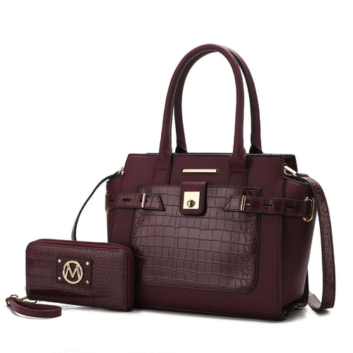 MKF Collection Isla Crocodile Embossed Vegan Leather Womens Satchel Bag by Mia K with wallet -2 pieces (Color Wine) EasyOptionXY LLC