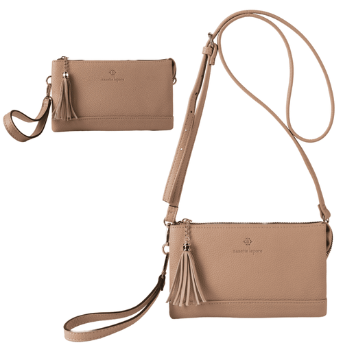 Nanette Lepore Womens Crossbody Purse Faux Leather Handbag with Wristlet Attachment Tan EasyOptionXY LLC