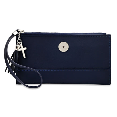 Steeltime Ladies Navy Lord's Prayer PU Leather Wristlet with Stainless Steel Cross Charm & Leather Tassel EasyOptionXY LLC