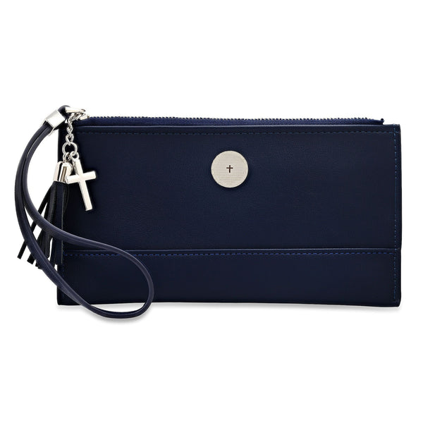 Steeltime Ladies Navy Lord's Prayer PU Leather Wristlet with Stainless Steel Cross Charm & Leather Tassel EasyOptionXY LLC