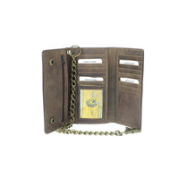 Men's RFID Signal Blocking Tri-Fold Trucker's Wallet in Distressed Brown Genuine Leather with Antique Brass Color Chain EasyOptionXY LLC