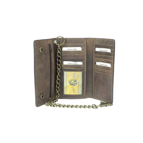 Men's RFID Signal Blocking Tri-Fold Trucker's Wallet in Distressed Brown Genuine Leather with Antique Brass Color Chain EasyOptionXY LLC