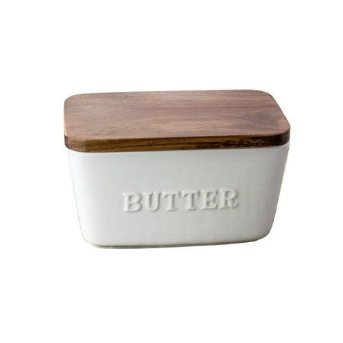 Better Homes & Gardens- White and Acacia Wood Porcelain Embossed Butter Dish EasyOptionXY LLC
