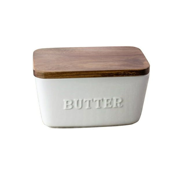 Better Homes & Gardens- White and Acacia Wood Porcelain Embossed Butter Dish EasyOptionXY LLC