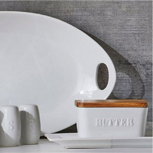 Better Homes & Gardens- White and Acacia Wood Porcelain Embossed Butter Dish EasyOptionXY LLC