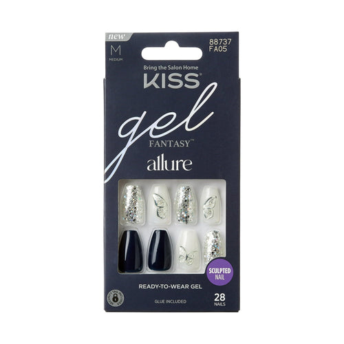 KISS Gel Fantasy Allure Ready-To-Wear Medium Coffin Fake Nails, Black & Silver, 28 Pieces EasyOptionXY LLC