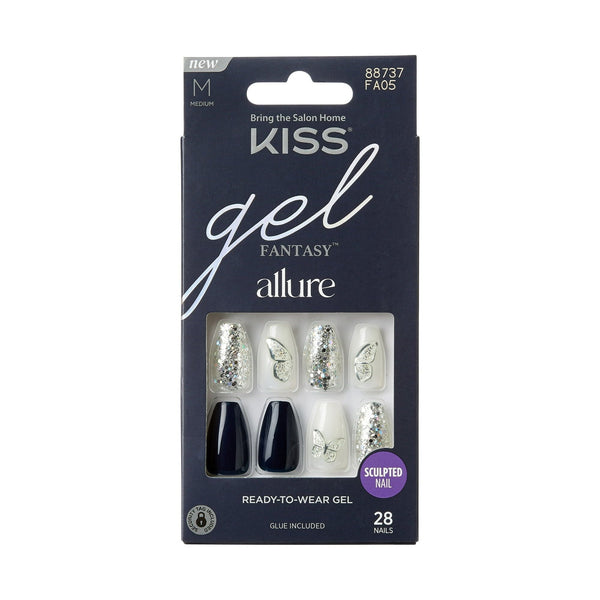 KISS Gel Fantasy Allure Ready-To-Wear Medium Coffin Fake Nails, Black & Silver, 28 Pieces EasyOptionXY LLC
