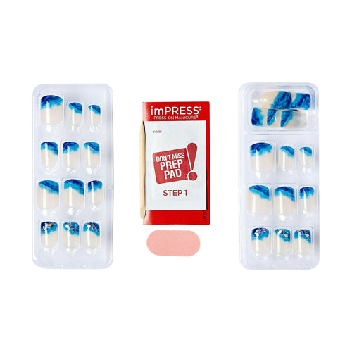 KISS imPRESS Long-Lasting Short Square Gel Press-On Nails, Glossy Blue & White, 30 Pieces EasyOptionXY LLC
