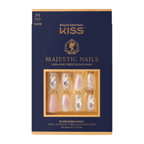 KISS Majestic Nails, 'In a Crown', 30 Reusable Medium Coffin Shape Jeweled Nails EasyOptionXY LLC