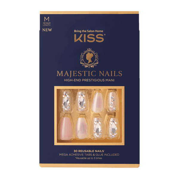 KISS Majestic Nails, 'In a Crown', 30 Reusable Medium Coffin Shape Jeweled Nails EasyOptionXY LLC