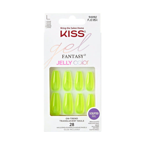 KISS Gel Fantasy Long Coffin Solid Color Glue-On Jelly Nails, Neon Yellow, 28 pieces EasyOptionXY LLC