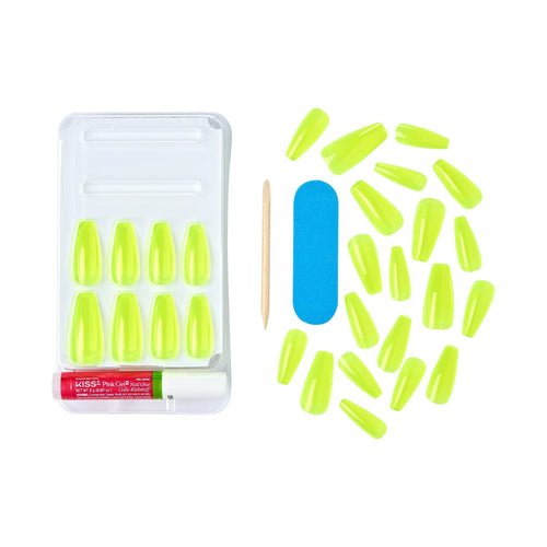 KISS Gel Fantasy Long Coffin Solid Color Glue-On Jelly Nails, Neon Yellow, 28 pieces EasyOptionXY LLC