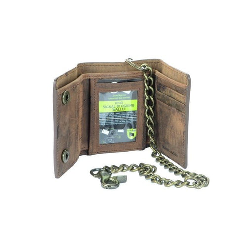 Montauk Leather Club Men's RFID Signal Blocking Tri-Fold Motorcycle Wallet in Brown Distressed Genuine Leather with Antique Brass Color Chain EasyOptionXY LLC