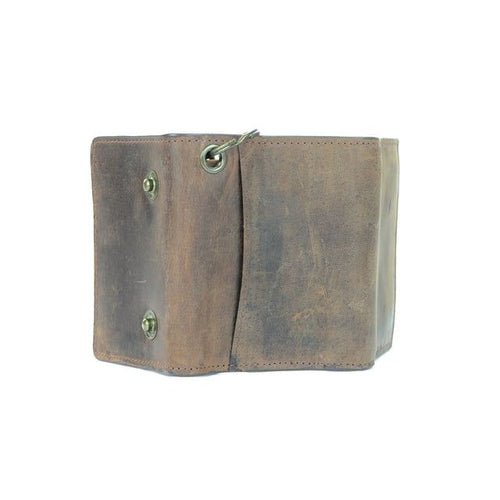 Montauk Leather Club Men's RFID Signal Blocking Tri-Fold Motorcycle Wallet in Brown Distressed Genuine Leather with Antique Brass Color Chain EasyOptionXY LLC