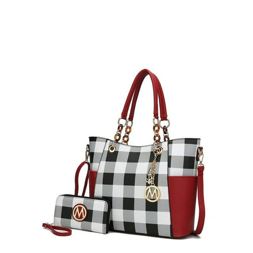 MKF Collection Women's Bonita Checkered Tote Bag and Wristlet Wallet Set with Decorative Keychain, 2-Piece, (Color Red) EasyOptionXY LLC