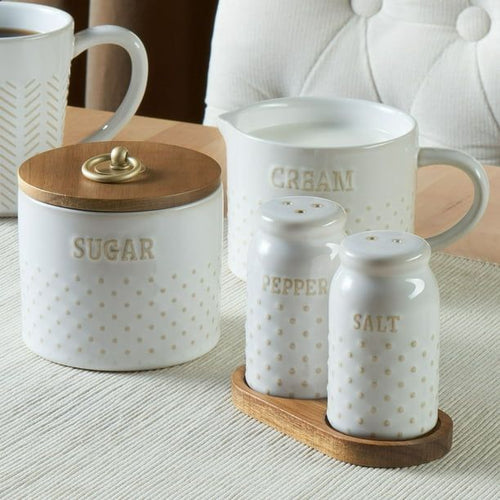 Better Homes & Gardens Farmhouse 4-Piece Dotted Sugar Cannister, Creamer, and Salt and Pepper Shaker Set in White EasyOptionXY LLC