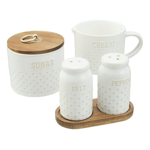 Better Homes & Gardens Farmhouse 4-Piece Dotted Sugar Cannister, Creamer, and Salt and Pepper Shaker Set in White EasyOptionXY LLC