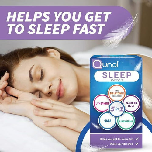 Qunol Sleep Support, 5 in 1 Non-Habit Forming Sleep Aid, Supplement with time-released Melatonin 5mg, Ashwagandha, GABA, Valerian Root, L-Theanine, 30ct Capsules EasyOptionXY LLC
