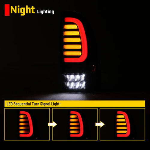 Winjet 2005-2015 Toyota Tacoma LED Sequential Tail Light w/Yellow Turn Signal - Glossy Black / Clear OffRoadUSA.com