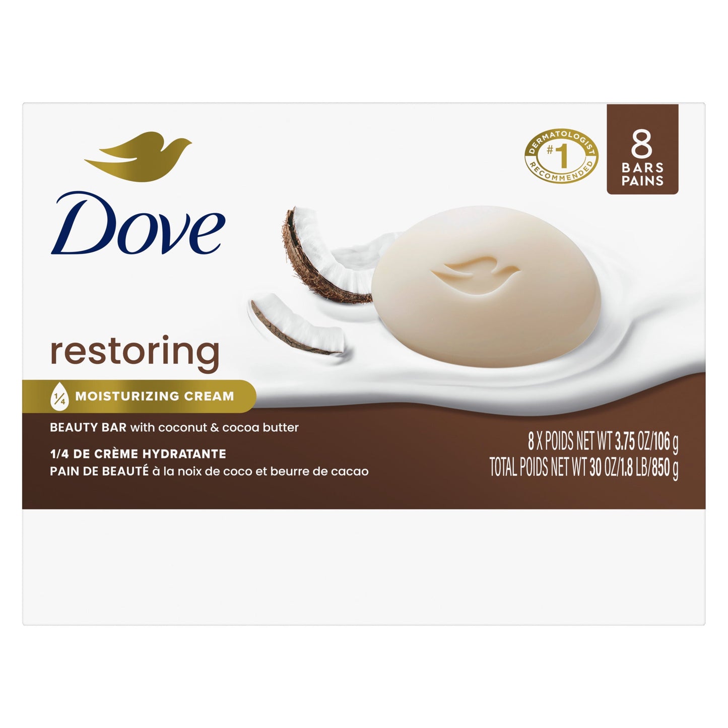 Dove Beauty Bar Soap for Women Restoring Coconut & Cocoa Butter All Skin, 3.75 oz 8 Bars