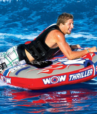 WOW Sports Thriller 1 Person Towable Water Tube - Starter Kit w/ 12V Pump & 1K Tow Rope Jupiter Gear