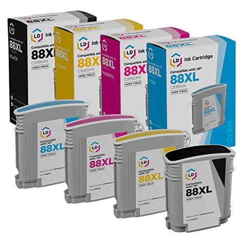 LD Remanufactured Replacement for HP 88XL High Yield Ink Cartridge Set: C9396AN Black, C9391AN Cyan, C9392AN Magenta, C9393AN Yellow for OfficeJet Pro K5300, K5400, K8600, L7550, L7650, L7700 EasyOptionXY LLC