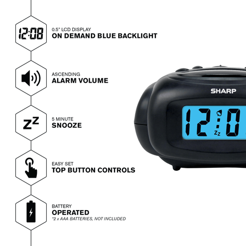 SHARP Digital Alarm Clock, Black, LCD Display, Battery Operated, Small, Travel Clock EasyOptionXY LLC