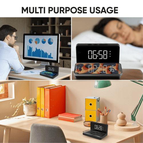 Premier LED Digital Alarm Clock and Wireless Mobile Phone Charger for Home, Office, Black EasyOptionXY LLC