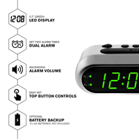 SHARP Digital Dual Alarm Clock, Silver with Green LED Display, Ascending Alarm EasyOptionXY LLC