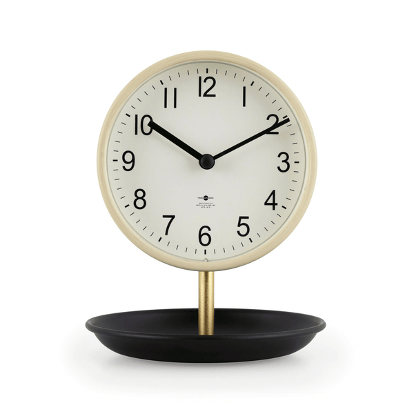 Better Homes & Garden Light Tan Finish and Black Tabletop Round Analog Dial Clock with Trinket Tray Base EasyOptionXY LLC