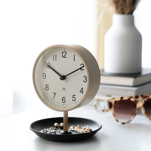 Better Homes & Garden Light Tan Finish and Black Tabletop Round Analog Dial Clock with Trinket Tray Base EasyOptionXY LLC
