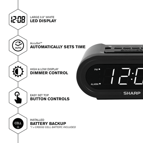 SHARP Digital Alarm Clock with AccuSet - Automatic Set, Black with White LED Display EasyOptionXY LLC