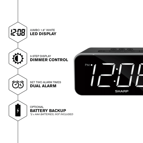 SHARP Dual Alarm Clock with Jumbo Easy to Read 1.8' White LED Display, Black Case EasyOptionXY LLC